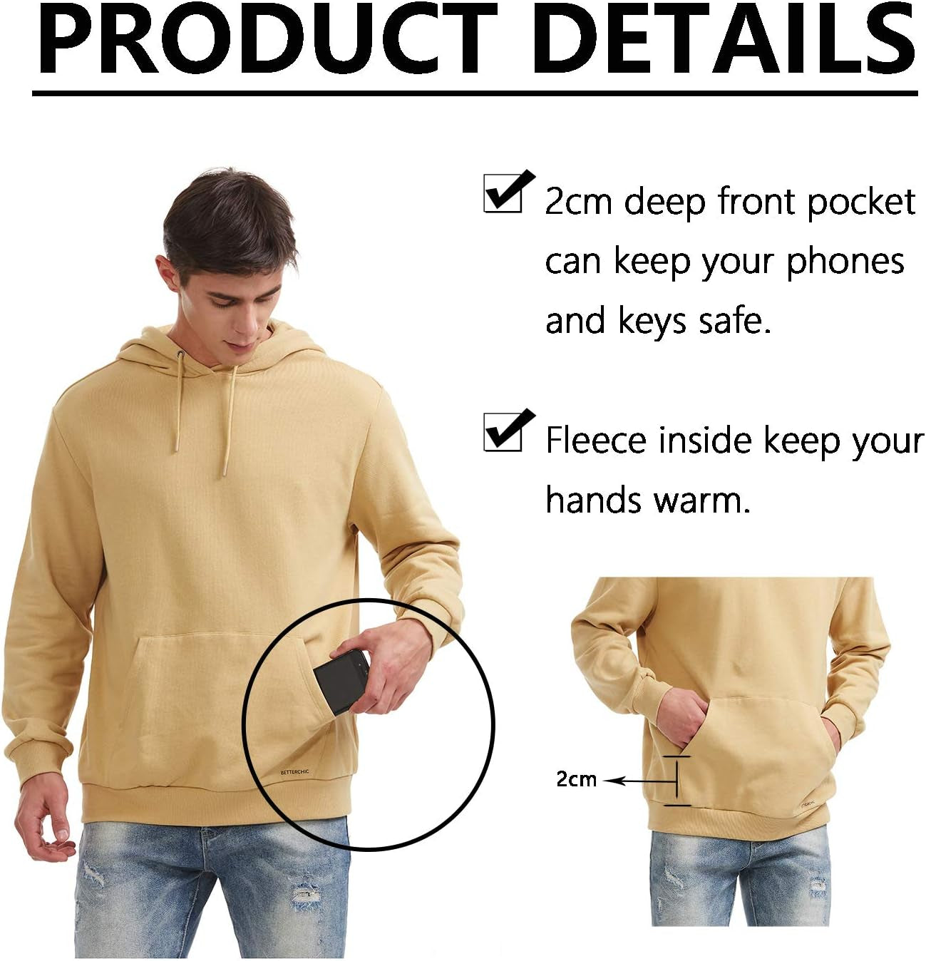 Men'S Hooded Sweatshirt Long Sleeve Soft Brushed Fleece Hoody Classic Drawstring Pullover Hoodie Size S-3XL